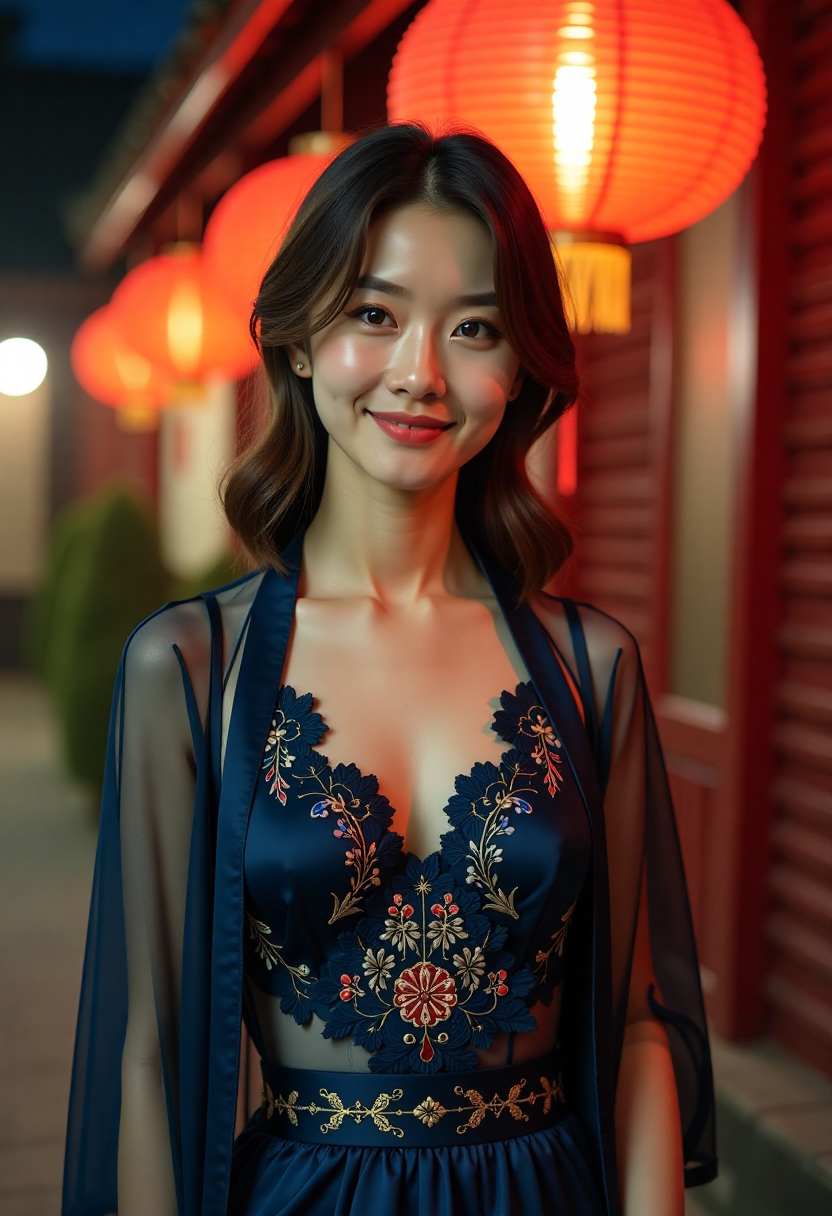 夜色中的老街与路灯